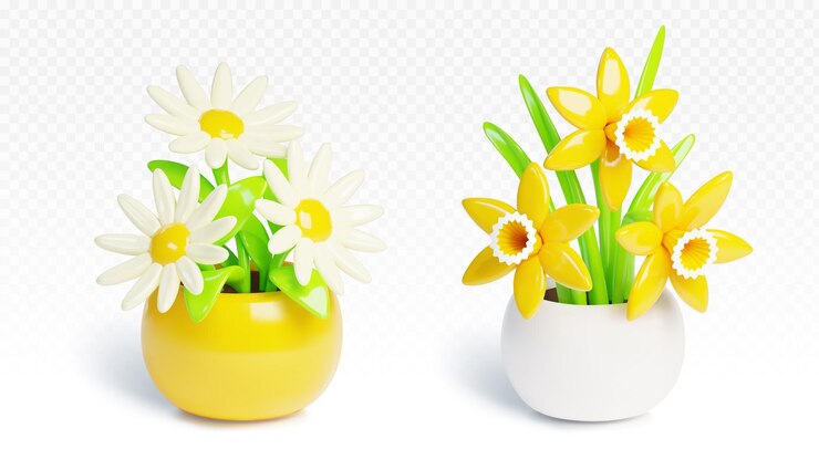 Vettore gratuito vaso di fiori 3d con icona di pianta giardino di camomilla