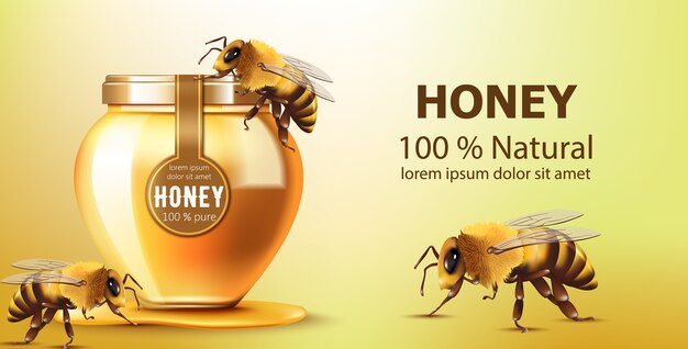 Vaso pieno di miele circondato dalle api