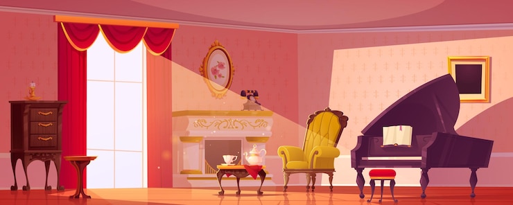 Vettore gratuito vecchio interno del salone vittoriano con camino antico, mobili vintage e pianoforte salotto classico vuoto con tè sulla sedia da tavolo e tende sull'illustrazione del fumetto di vettore della finestra