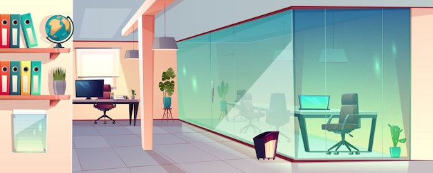 Vector cartoon illustrazione di ufficio luminoso, moderno posto di lavoro con parete di vetro trasparente e piastrelle
