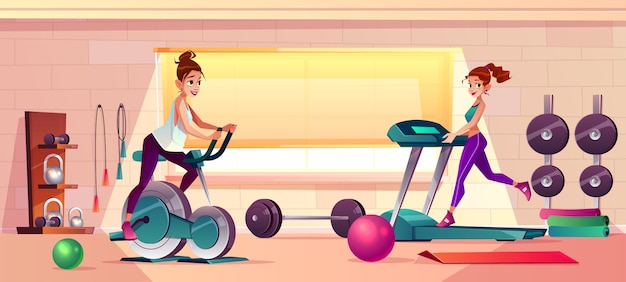 Vector cartoon sfondo della palestra con ragazze facendo fitness
