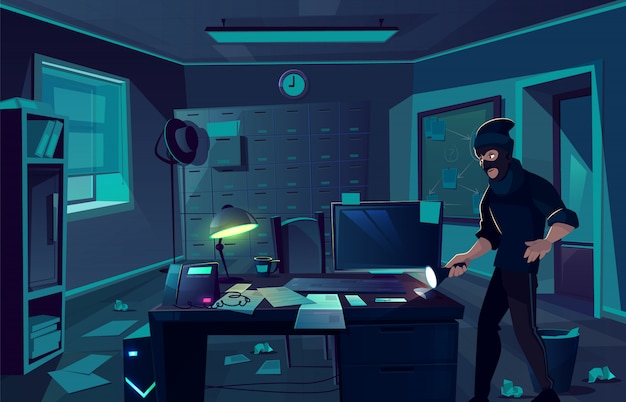 Vector cartoon sfondo di furto nel dipartimento di polizia o gabinetto del detective privato.
