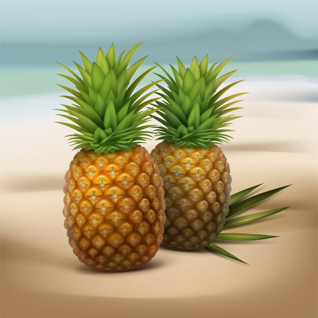 Vector due ananas con foglia di palma verde isolato su sfocatura dello sfondo al mare