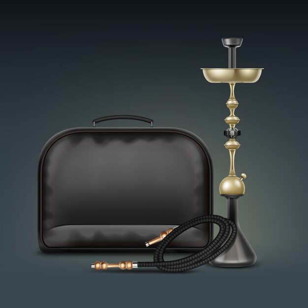 Vector golden nargile per il fumo di tabacco in metallo con tubo narghilè arrotolato e custodia per il trasporto isolato su sfondo scuro