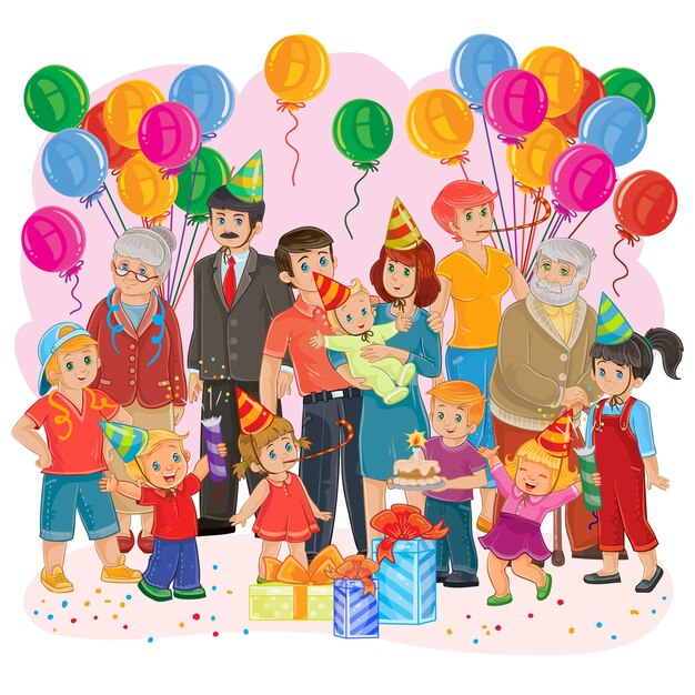 Vector grande famiglia felice insieme festeggia un compleanno con doni, palloncini e torta