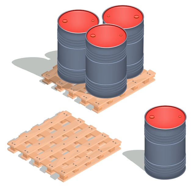 Vector icone isometriche di barili di olio su un pallet di legno