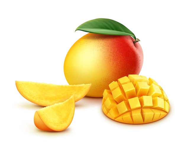 Vector maturi cubetti di mango giallo, arancio, rosso intero e affettato con foglia isolato su priorità bassa bianca