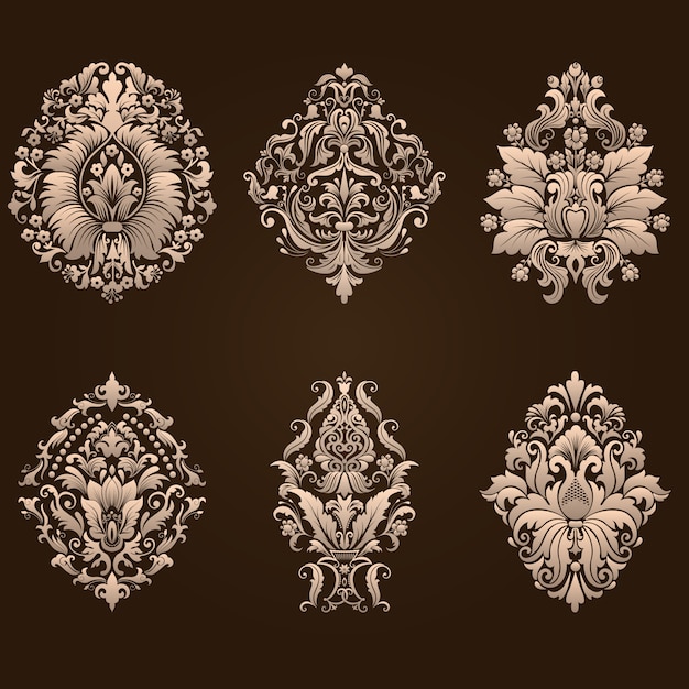 Vector set di elementi ornamentali damascati. Elementi astratti floreali eleganti per il design. Perfetto per inviti, carte ecc.