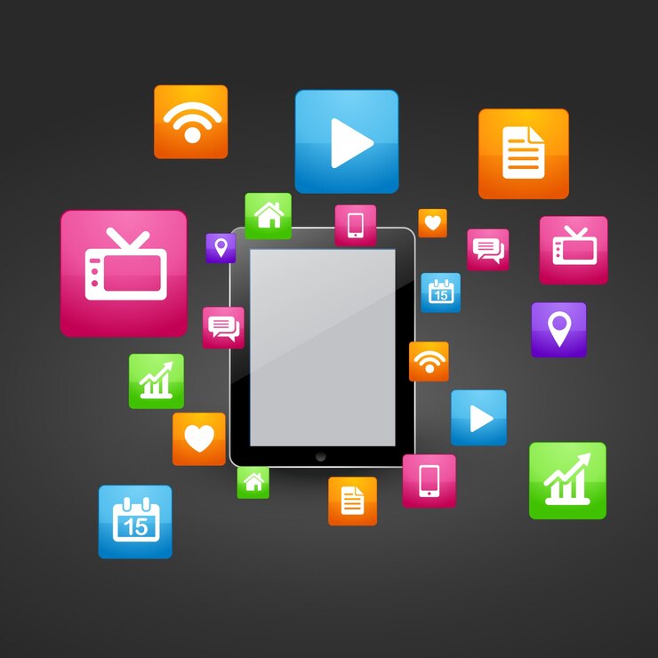 Vettore gratuito vector smart tablet con icone di social media