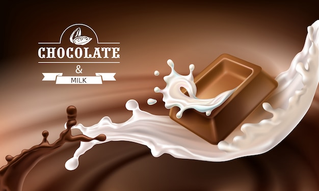 Vector spruzzi 3D di cioccolato fuso e latte con pezzi che cadono di barre di cioccolato.