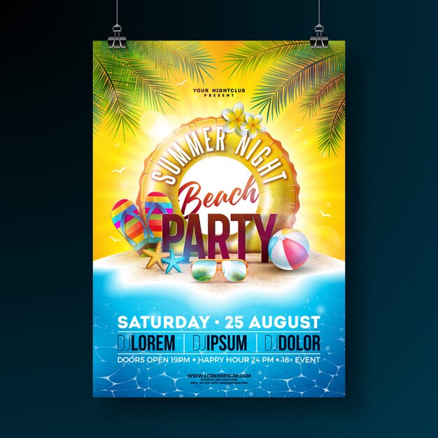Vector Summer Night Beach Party Flyer Design con foglie di palma tropicali e galleggiante