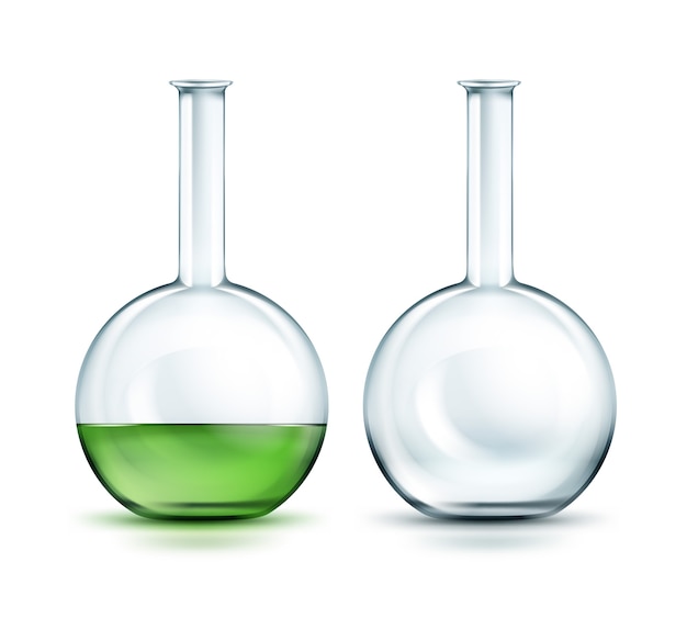 Vector trasparente vuoto e pieno fuori boccette di liquido verde isolato su sfondo