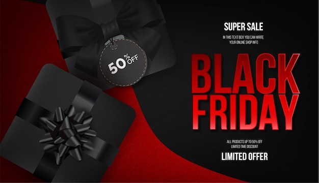 Vendita moderna del Black Friday con sfondo ondulato e regali neri 3d realistici