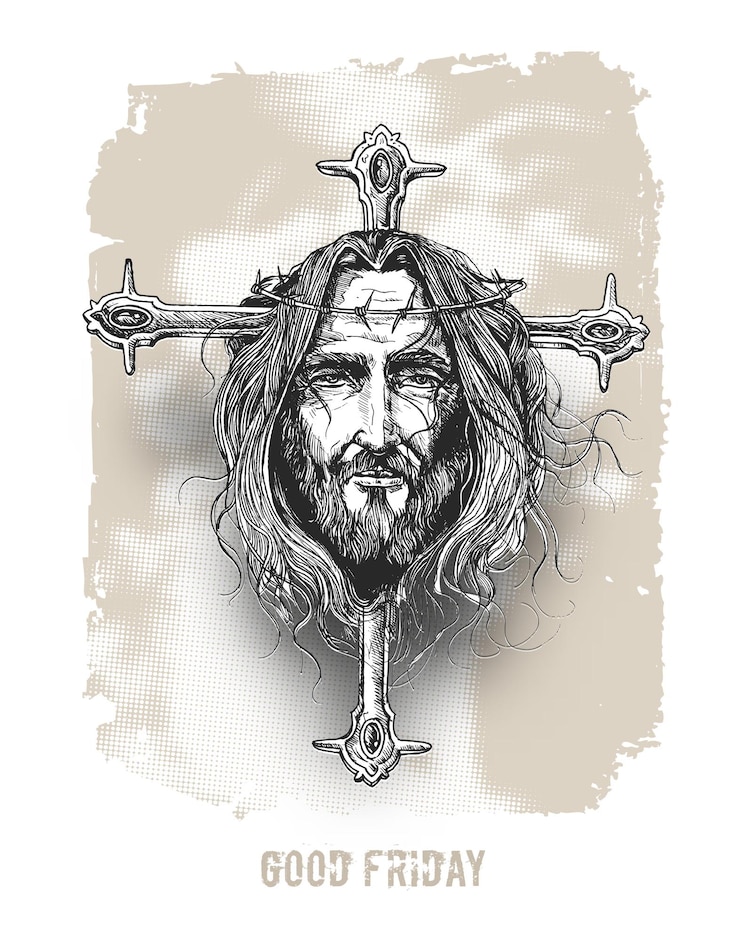 Vettore gratuito venerdì santo e pasqua il volto di gesù sulla croce illustrazione vettoriale dello schizzo
