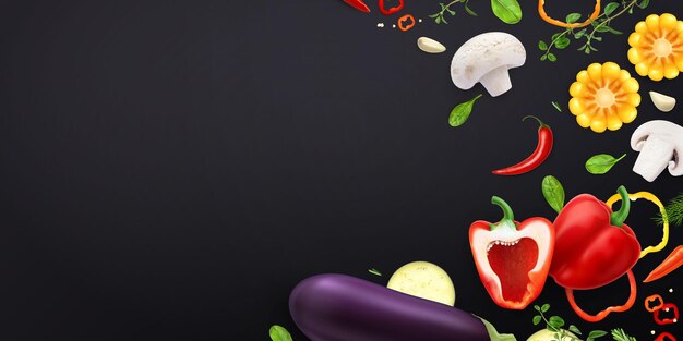 Verdure composizione realistica su sfondo scuro con spazio vuoto e un mucchio di fette di verdure e tagli illustrazione vettoriale