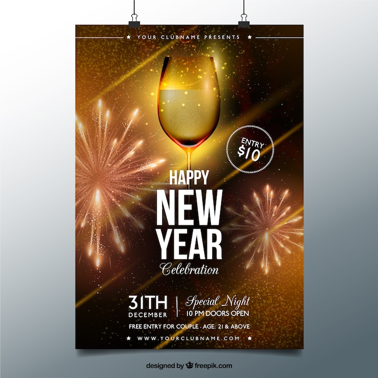 Vettore gratuito vetro dorato di champagne anno nuovo poster