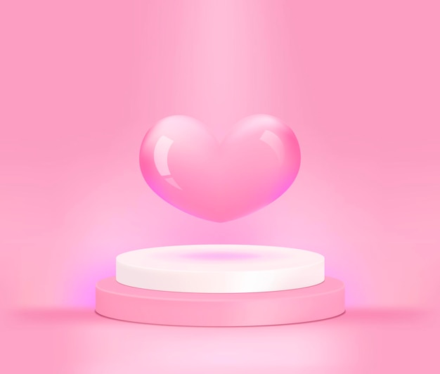 vettore 3d Podio di visualizzazione del prodotto con palloncino a cuore lucido su sfondo rosa.