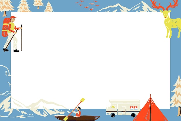 Vettore blu della struttura di viaggio di campeggio nella forma di rettangolo con l'illustrazione turistica del fumetto