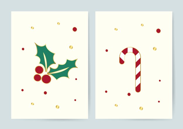 Vettore delle carte di Natale delle foglie e del bastoncino di zucchero dell&#39;agrifoglio