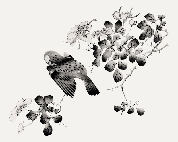 Vettore di uccello appollaiato su un'illustrazione di albero, remixata da opere d'arte di Hu Zhengyan
