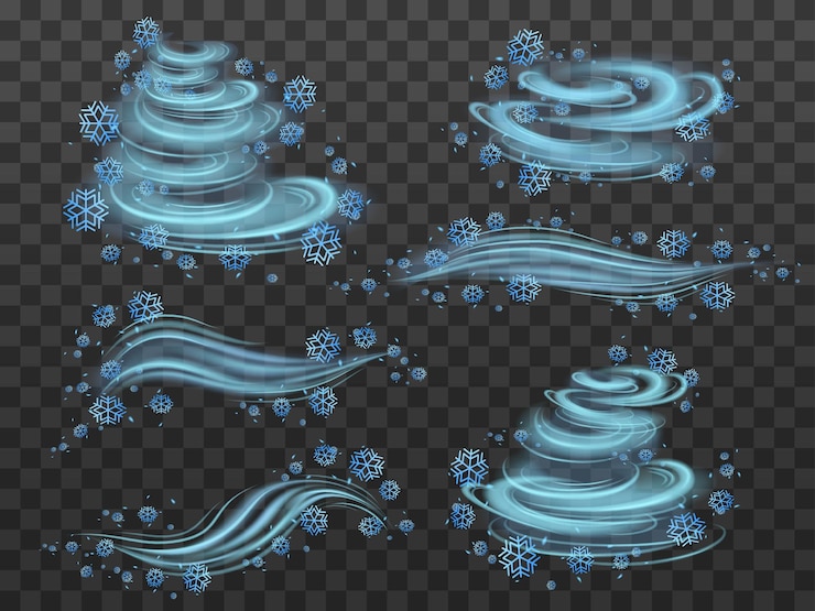 Vettore gratuito vettore di vortici di vento realistico con set di colori al neon blu