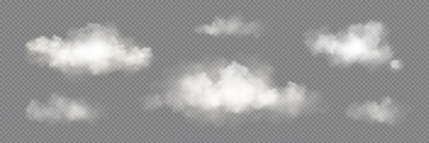 Vettore trasparente nuvola bianca cielo set realistico Nebbia fumo png trama disegno isolato Effetto aria nuvolosa astratta con collezione di icone luce diurna 3d bella natura atmosfera vapore vapore fumoso