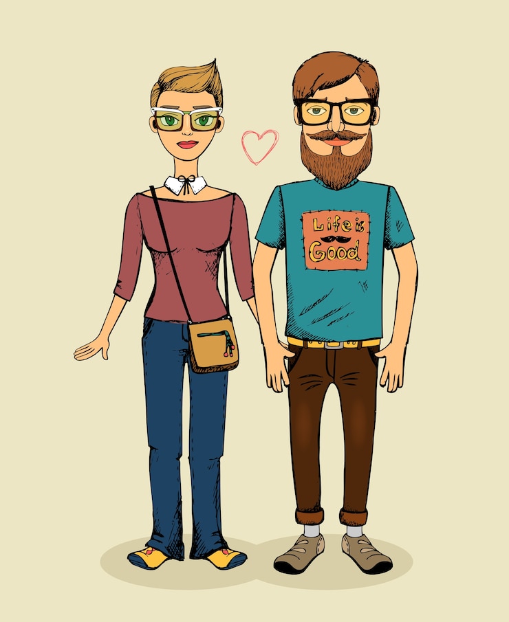 Vettore gratuito vettore uomo con la barba e una ragazza con gli occhiali hipsters coppia innamorata