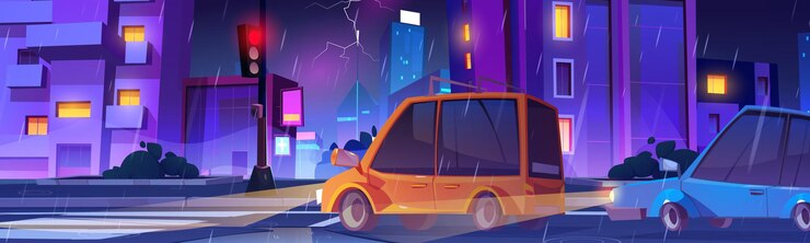 Vettore gratuito via della città di notte con le automobili in caso di pioggia