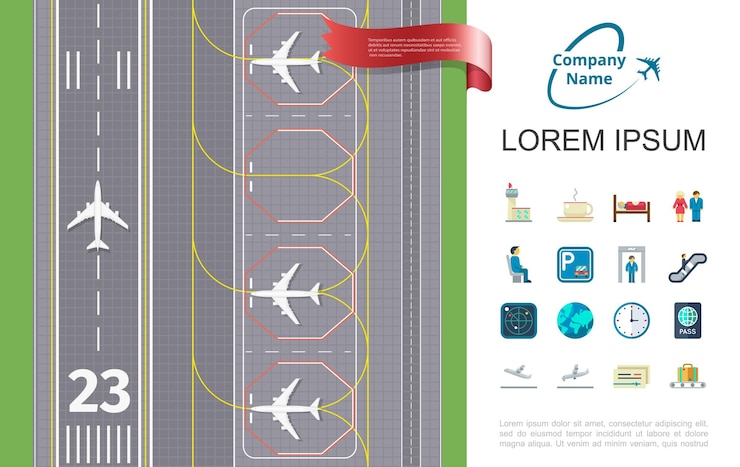 Vettore gratuito viaggio aereo piatto con aeroporto di pista e illustrazione icone tematiche
