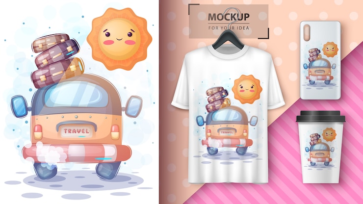 Vettore gratuito viaggio carino con poster sole e merchandising.