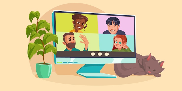 Vettore gratuito videoconferenza online virtuale sul desktop del computer con chat di gruppo di persone