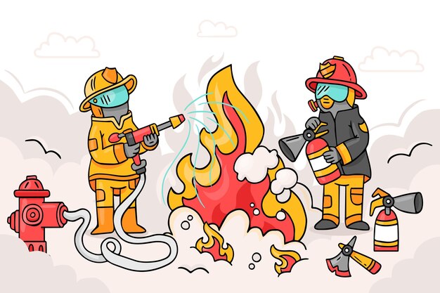 Vigili del fuoco illustrati che spengono un incendio
