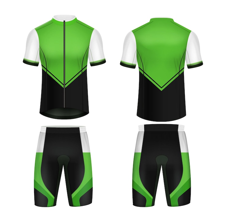 Vettore gratuito vista anteriore e posteriore del mockup della maglia da ciclismo nei colori verde e nero isolato su sfondo bianco illustrazione vettoriale realistica