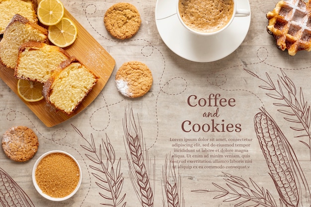 Vista dall'alto deliziosi dolci con una tazza di caffè