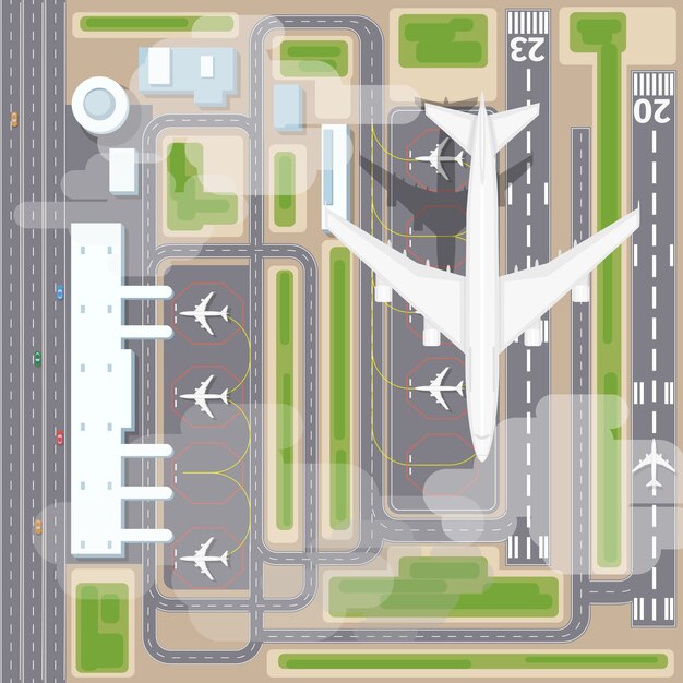 Vista dall'alto delle piste di atterraggio dell'aeroporto. Aerei e aeroplani, arrivo, trasporto aereo. Illustrazione vettoriale di atterraggio dell'aeroporto