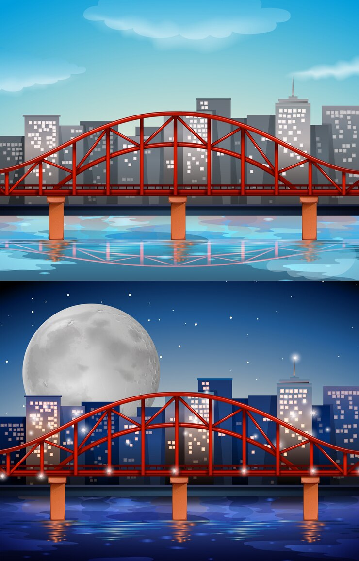 Vettore gratuito vista della città con il ponte giorno e notte