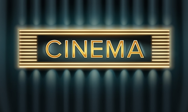 Vettore gratuito vista frontale dell'insegna del cinema illuminato d'oro di vettore su sfondo scuro