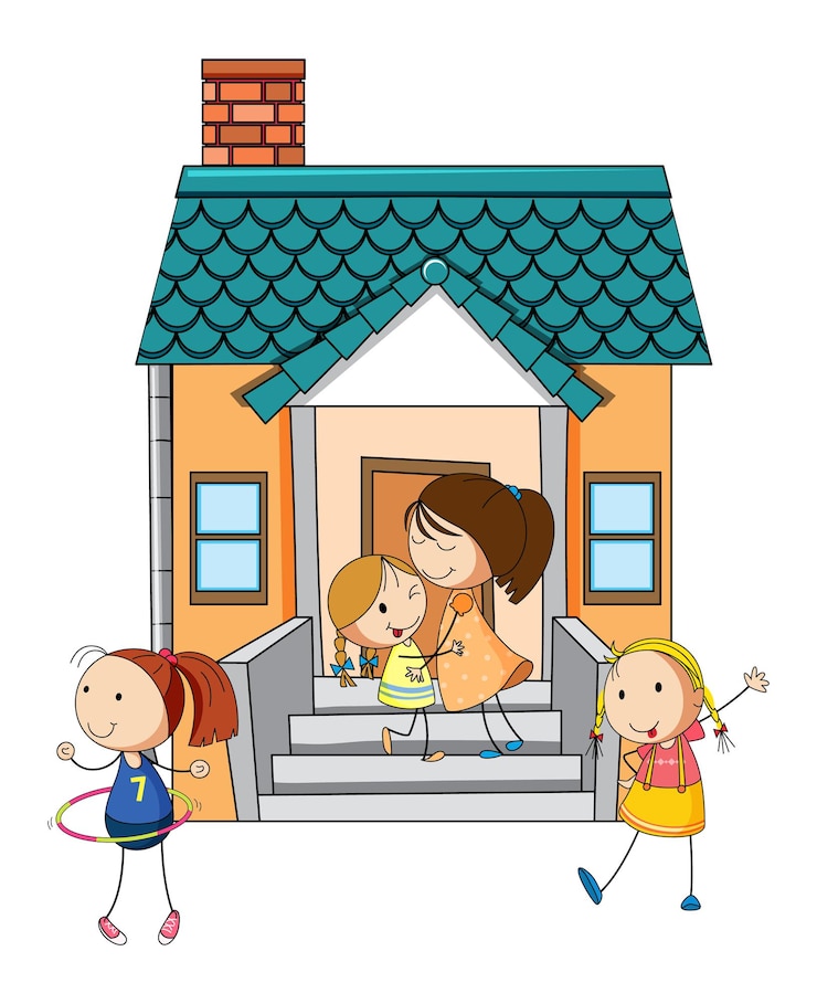 Vettore gratuito vista frontale della mini casa con molti bambini su sfondo bianco