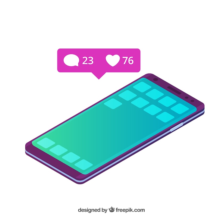 Vettore gratuito vista isometrica del cellulare con post instagram