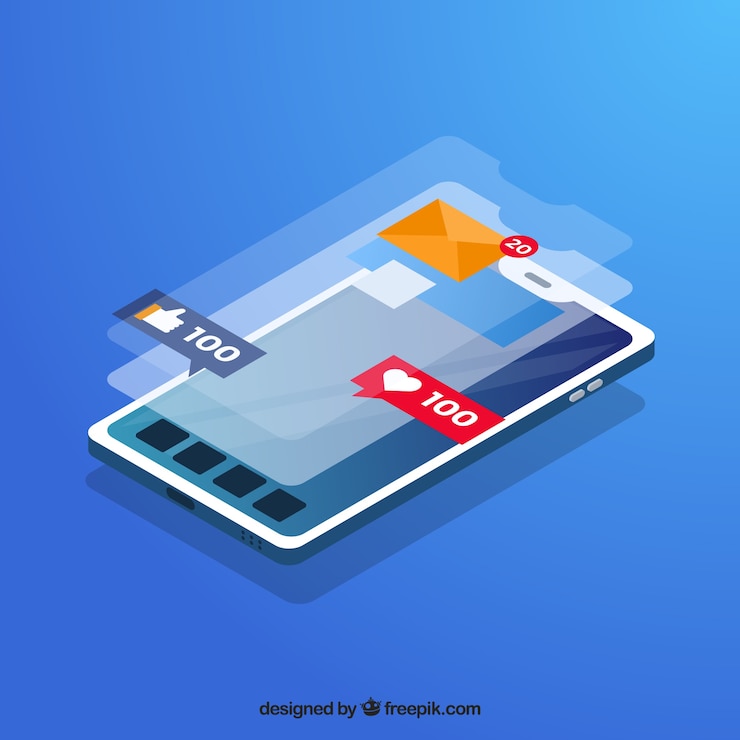 Vettore gratuito vista isometrica del cellulare con post instagram