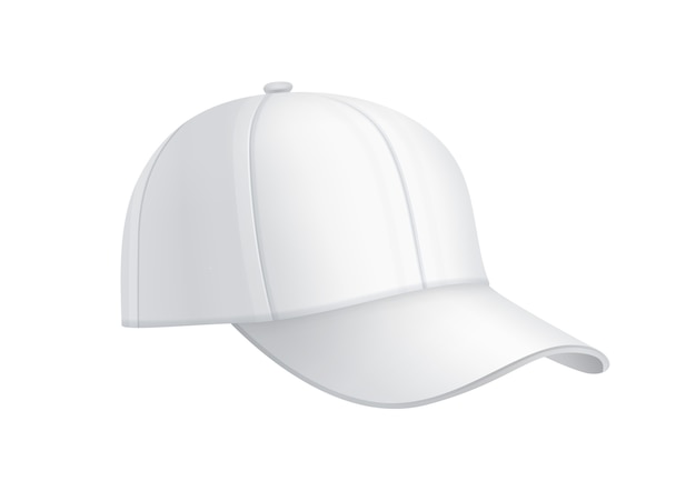 Vista laterale del berretto da baseball bianco realistico di vettore isolato su priorità bassa