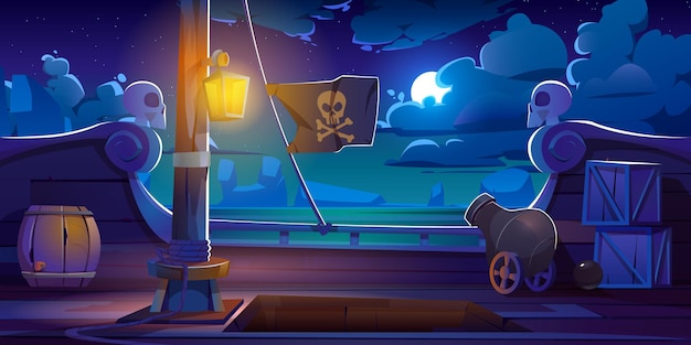Vista notturna del ponte della nave pirata, barca di legno con cannone, lanterna luminosa, botti di legno, ingresso stiva, albero con corde e bandiera jolly roger, cartone animato.