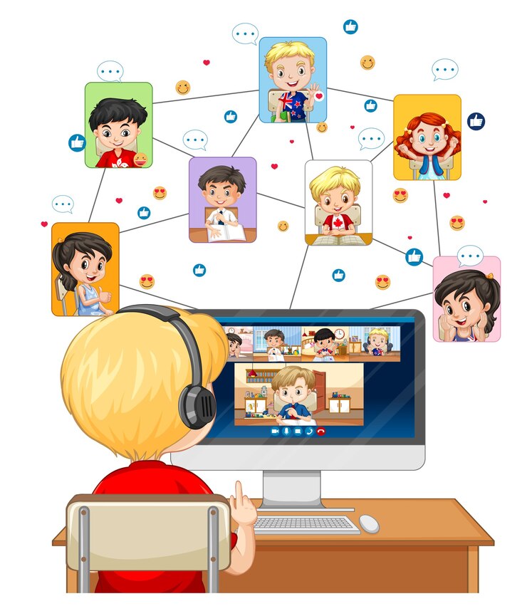 Vettore gratuito vista posteriore del ragazzo che guarda al computer per videoconferenza su sfondo bianco