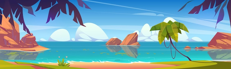 Vettore gratuito vista sul mare soleggiata con palme sulla spiaggia sabbiosa illustrazione cartoon vettoriale della bellissima natura tropicale con vista sul mare con fiori esotici e onde di erba verde che lavano isole di pietra rocciosa della costa