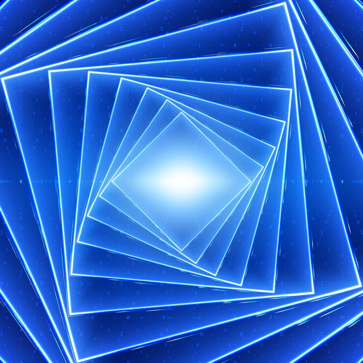 Vettore gratuito visualizzazione del flusso di dati vettoriali. tunnel luminoso attorcigliato quadrato di grande flusso di dati blu come stringhe binarie. cyber mondo del codice. analisi crittografica. trasferimento blockchain bitcoin. flusso di informazioni