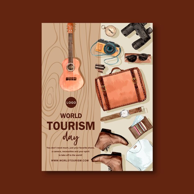 Volantino design turistico con legno marrone, ukulele, pelle