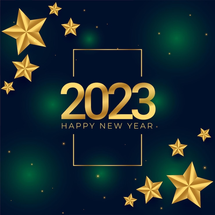Vettore gratuito volantino di celebrazione del felice anno nuovo 2023 con illustrazione vettoriale del disegno della stella dorata