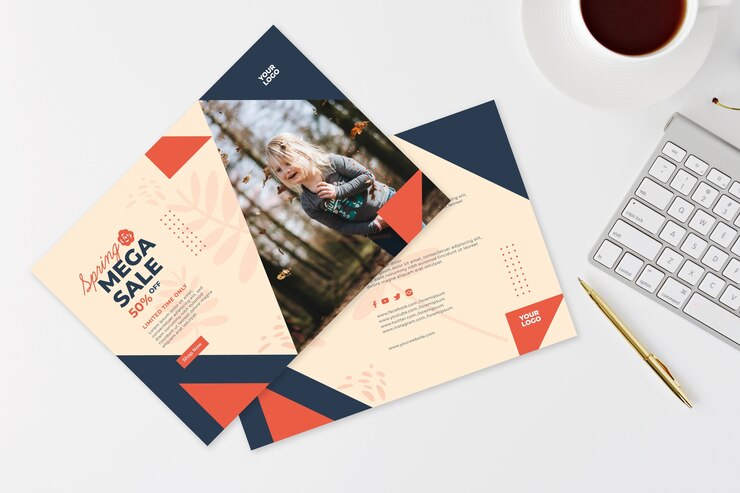 Vettore gratuito volantino di vendita di primavera mock-up accanto alla tastiera