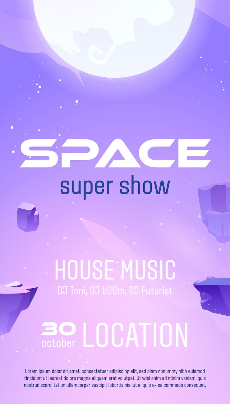 Vettore gratuito volantino festa club per spettacolo di musica spaziale. modello vettoriale di poster di design futuristico del concerto in discoteca con musica techno, house, trance o elettronica. banner con illustrazione cosmica dei cartoni animati