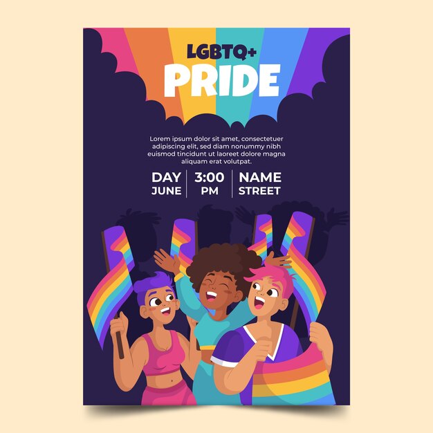 Volantino o poster di orgoglio lgbt piatto disegnato a mano del mese dell'orgoglio